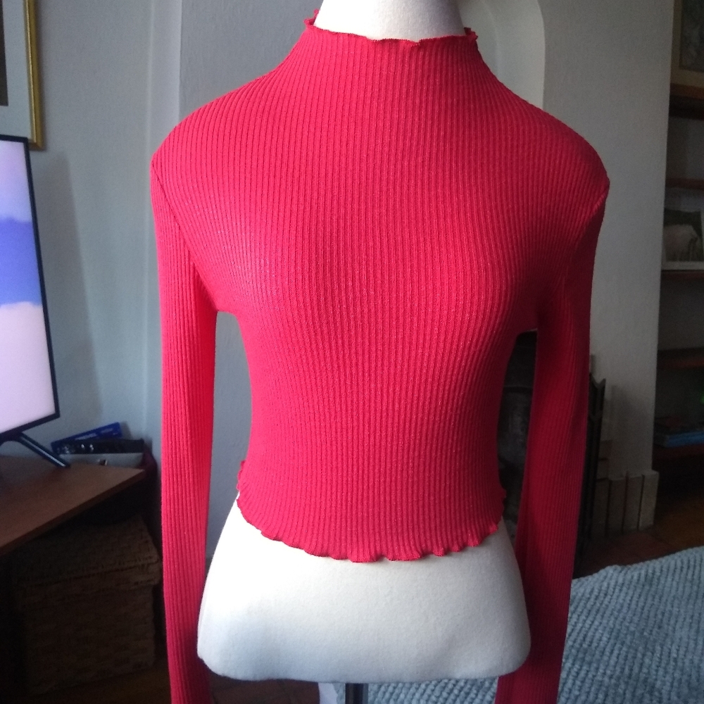 Red Ribbed Long Sleeve High Neck Stretch Top S